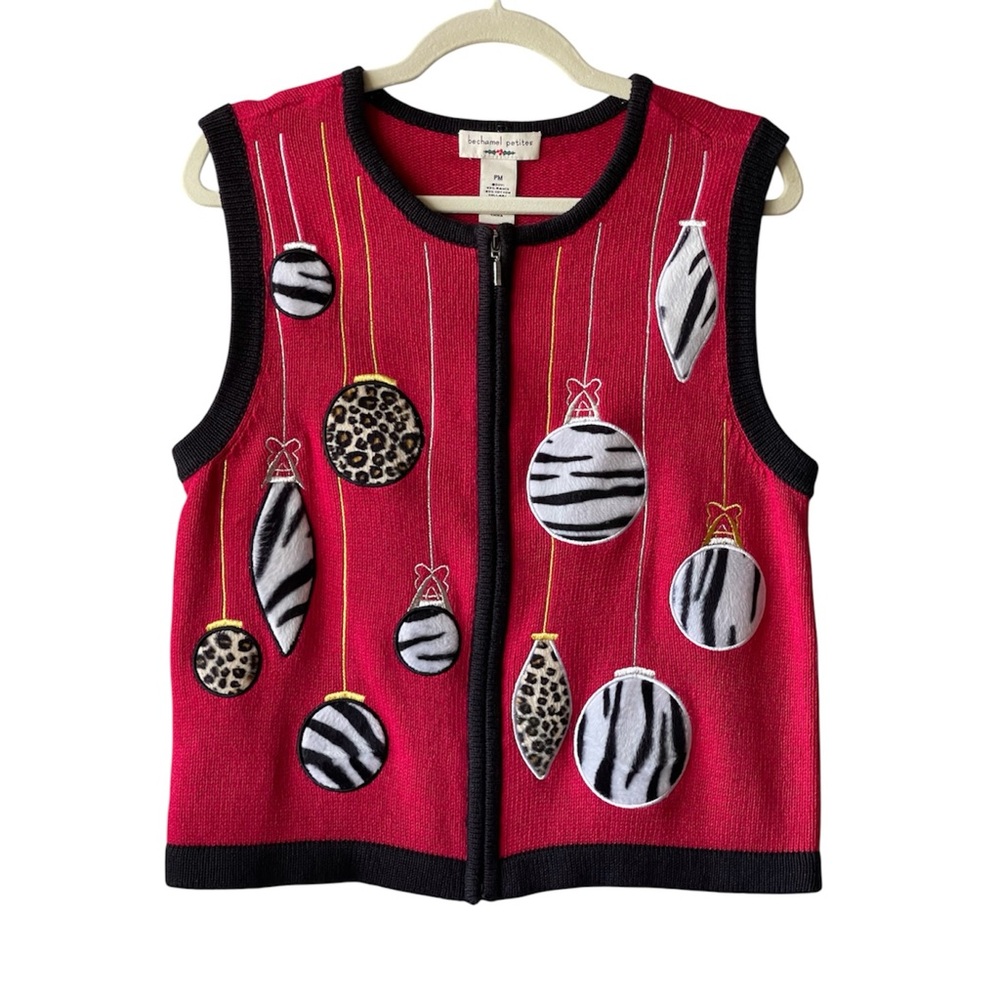 Vintage Festive Red Holiday Christmas Sweater Vest, Animal Print Ornaments, SP